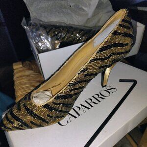 Caparros Beaded Tiger Print Pointed Toe Heels Pumps